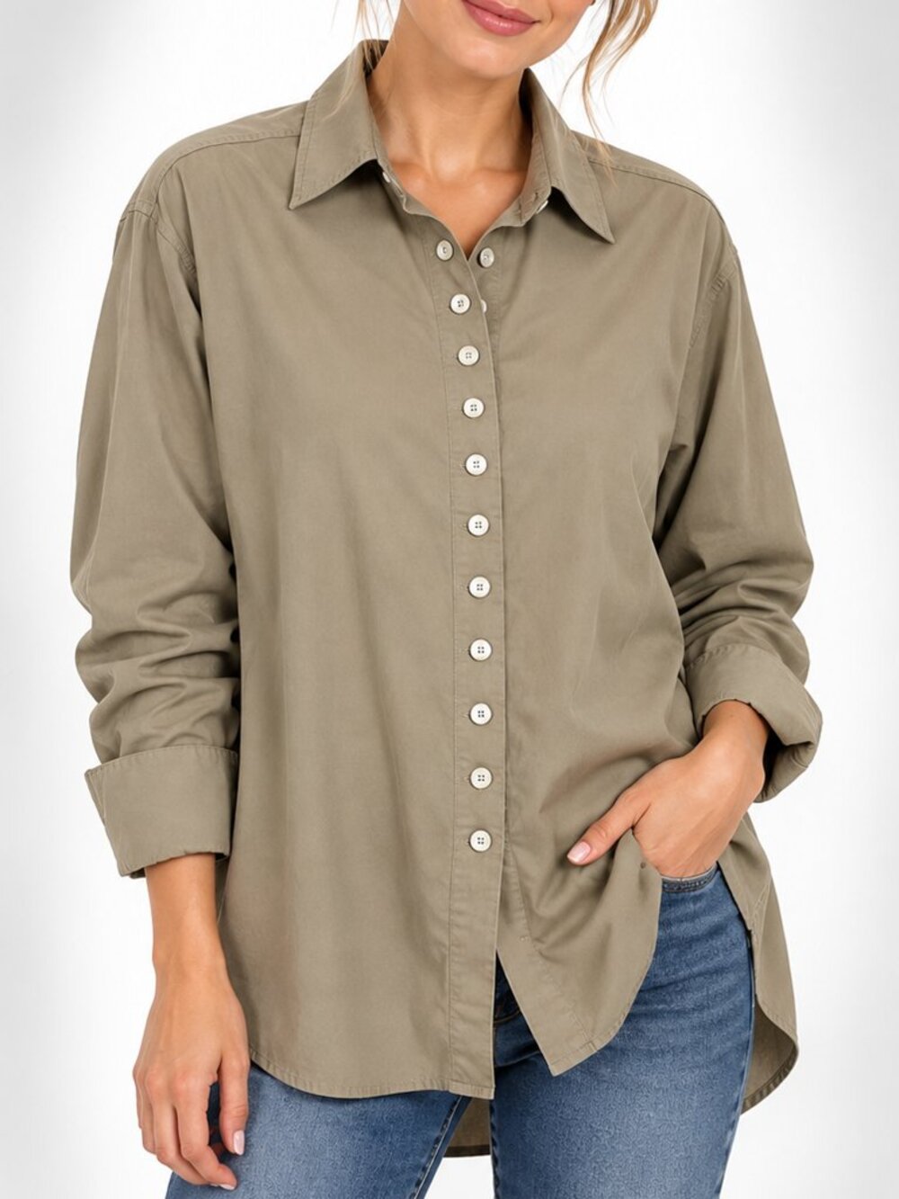 Soft Surroundings Taupe Modal Button Front Long Tunic Shirt Velvet Trim Small